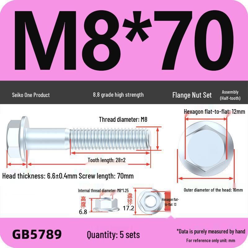 8.8 Grade Hex Flange Bolt and Nut Set with Anti-slip Washer: M5, M6, M8, M10 Assortment