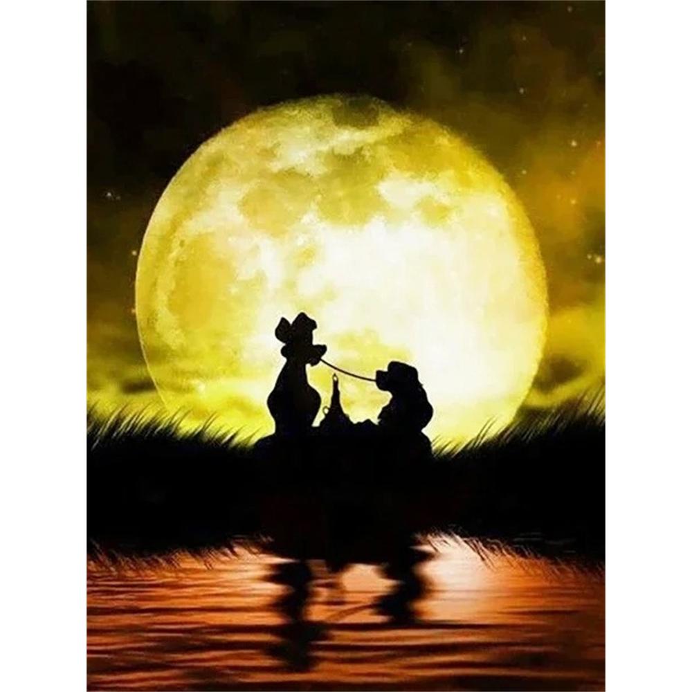 Disney Diamond Painting 5D Lady and The Tramp Moonlit Silhouette Romantic Illustration Cartoon Movie Cross StitchEmbroideryHandmadeGift HomeDecoration Round 20x30cm