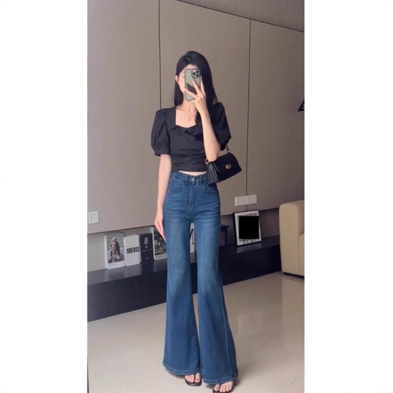 

Осень Зима Джинсы Клеш Женские Однотонные На Каждый День Винтажные Модные Джинсовые Брюки Брюки с Завышенной Талией XS темно-синий