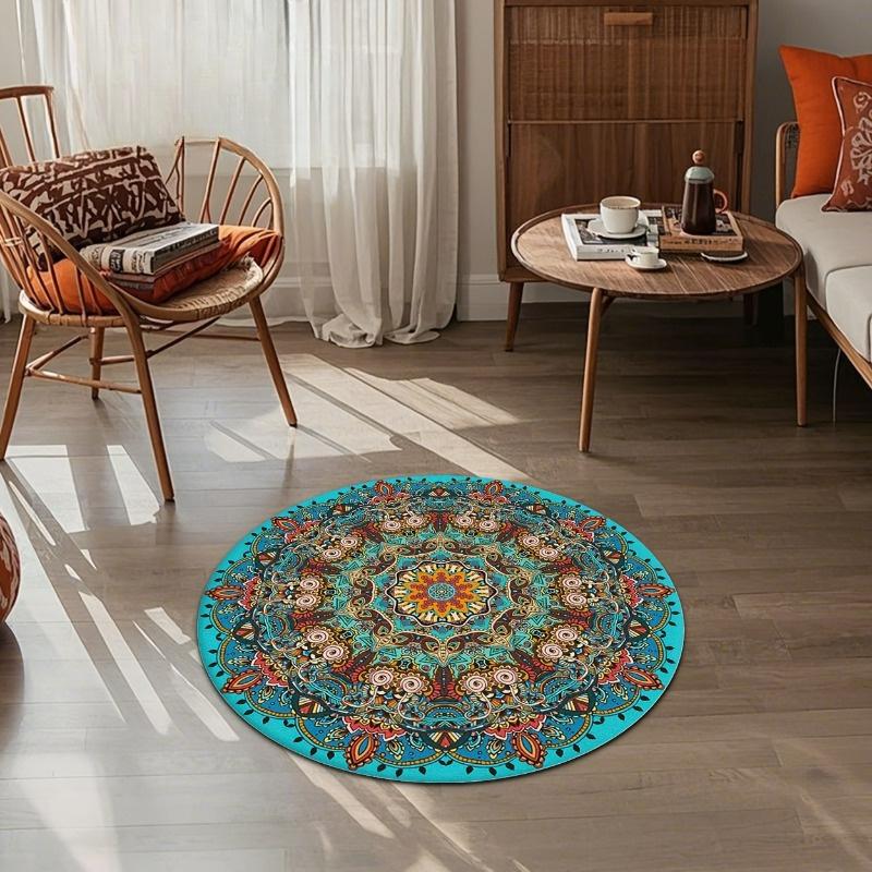 Crystal velvet carpetVibrant Mandala Round Mat- Blue Green Orange Red Floral Pattern- Suitable for Home, Office, Bedroom or Cafe