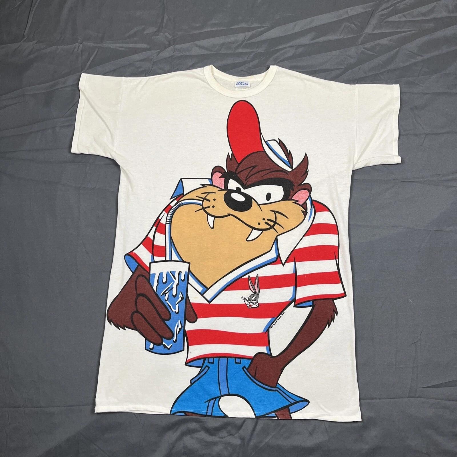 Vintage 1994 Taz Oversized Big Print Tee White Long XL/2XL VTG 90s Cartoon S