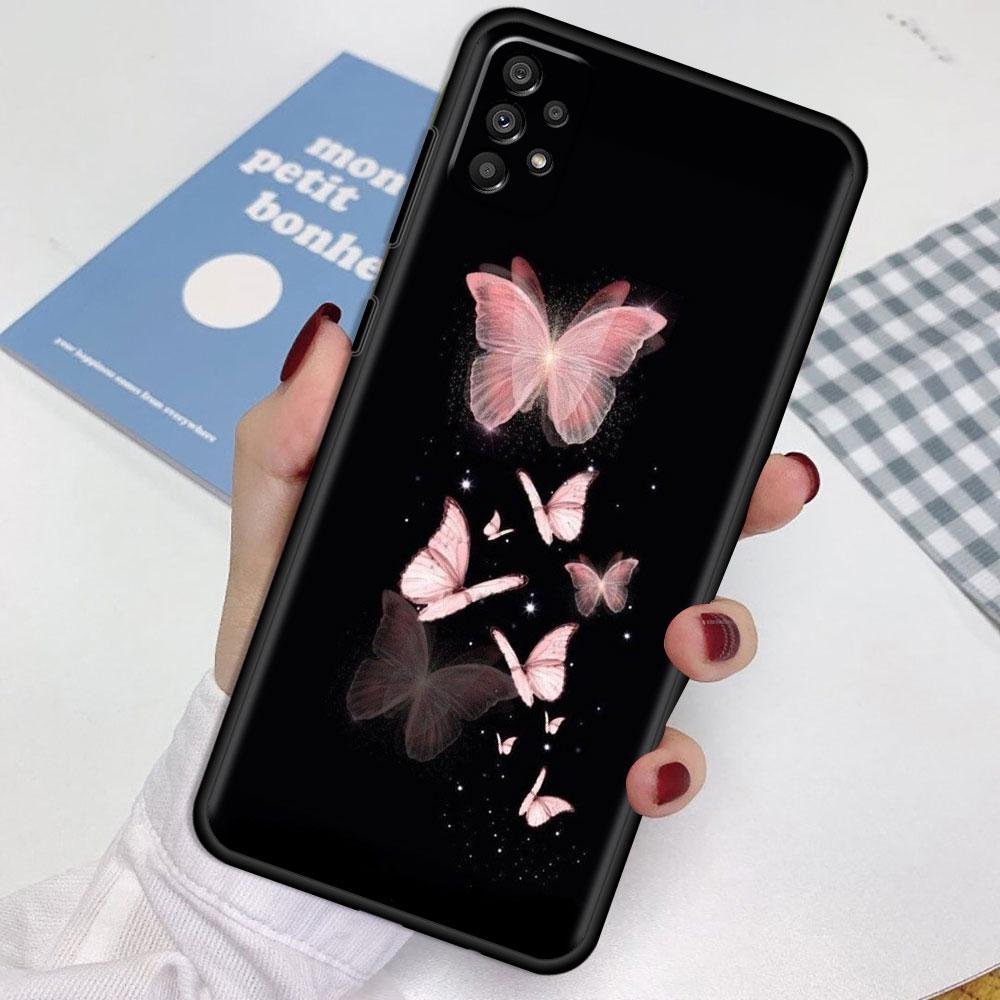 Case For Samsung Galaxy A52 A12 A32 A51 A21s A71 A13 A53 A22 A31 A72 A03 A02s A41 Black Phone Shell Beauty Pink Butterfly