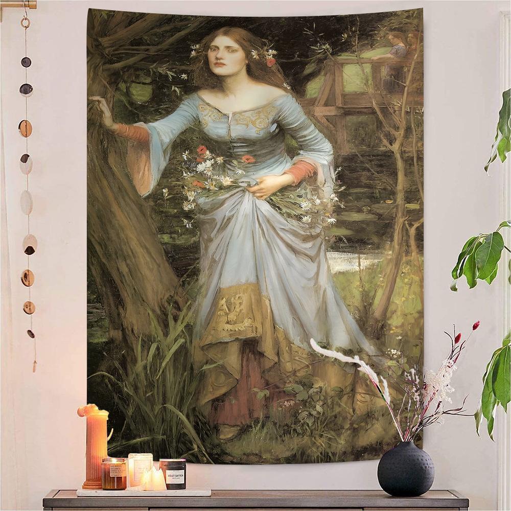 John William Waterhouse Anime Tapestry Hippie Flower Wall Carpets Dorm Decor Cheap Hippie Wall Hanging