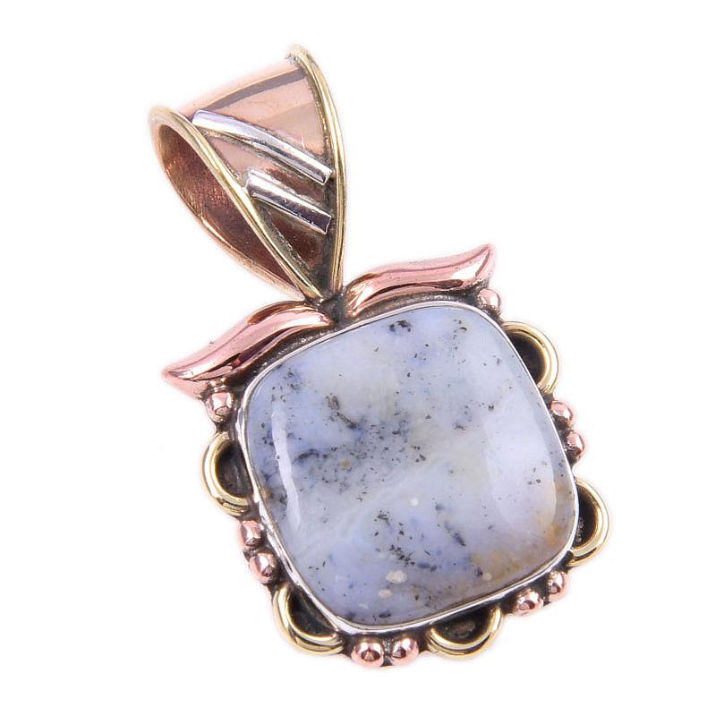 Natural Dendrite Opal 925 Solid Sterling Silver Gift TwoTone Pendant 1.25" u7B80
