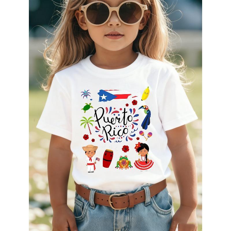 

European Size Girls Round Neck Short Sleeved T Shirt with Puerto Rican Cultural Pattern 164cm білий