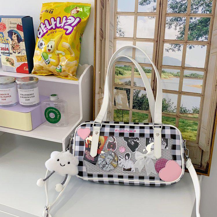 Japanese Kawaii Heart Plaid Ita Bag - Women's Transparent Crossbody with Pin Board