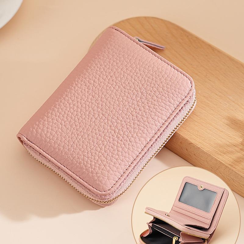 Маленький кошелек из натуральной кожи для женщин. Элегантный держатель для кредитных карт из натуральной кожи с RFID-блокировкой, кошелек-клатч на молнии, короткий кошелек для монет. розовый