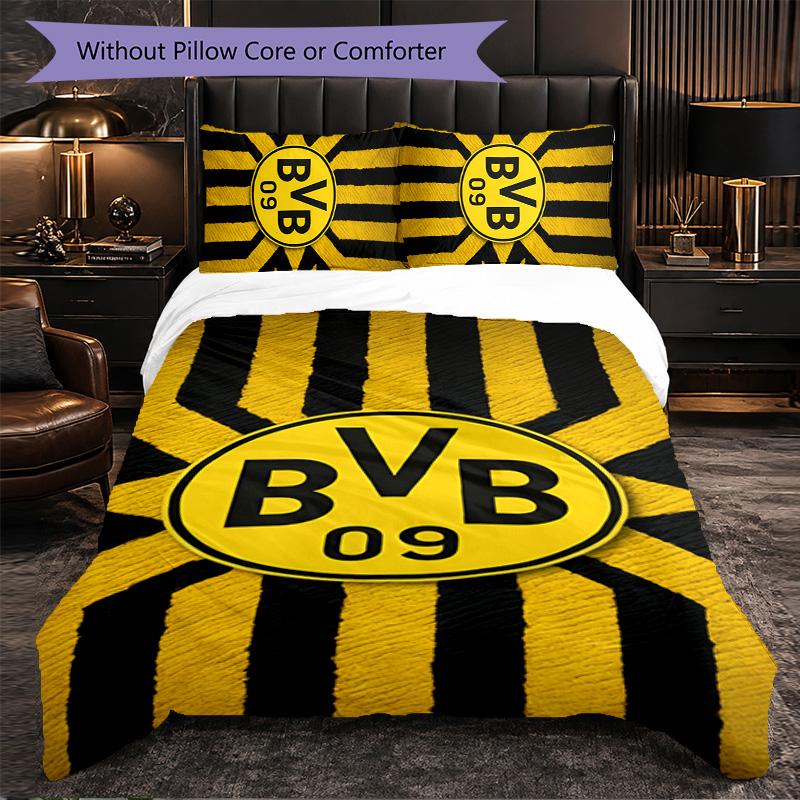 Borussia Dortmund 3-teiliges Bettwäscheset Weiches Bettbezug-Set mit Kissenbezügen Bedrucktes Schlafzimmer-Deko-Set für Zuhause