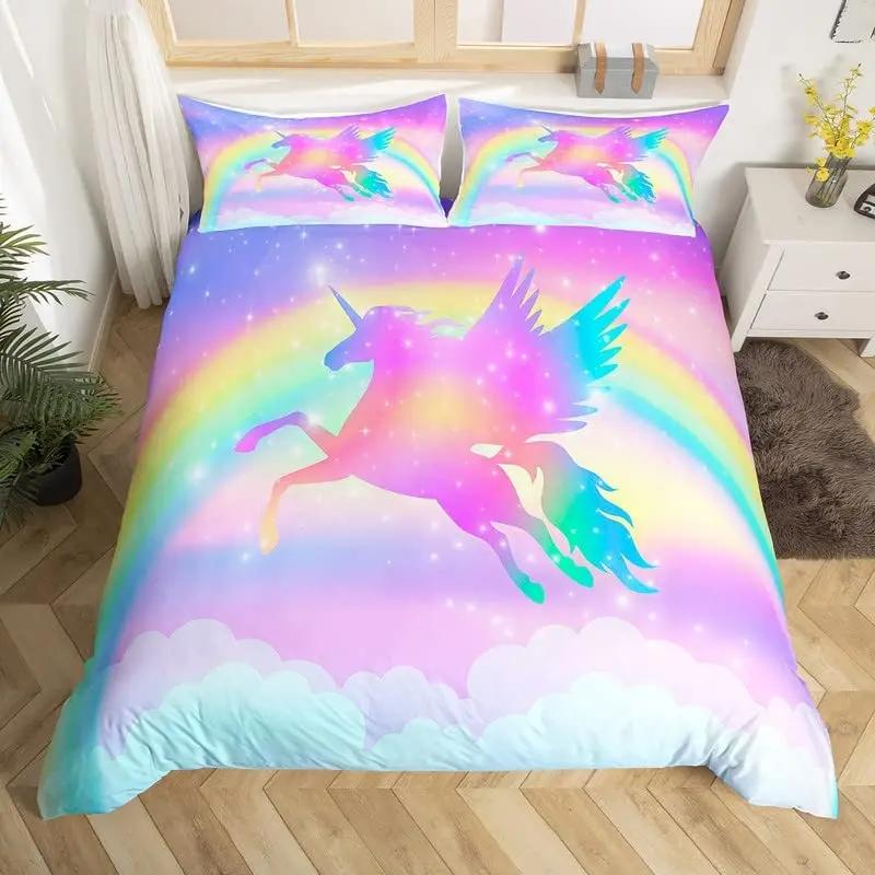Unicorn Duvet Cover Twin King Cartoon Castle Comforter Cover Dreamy Magical Animal Bedding Set Rainbow Stars Bedspreads Cover