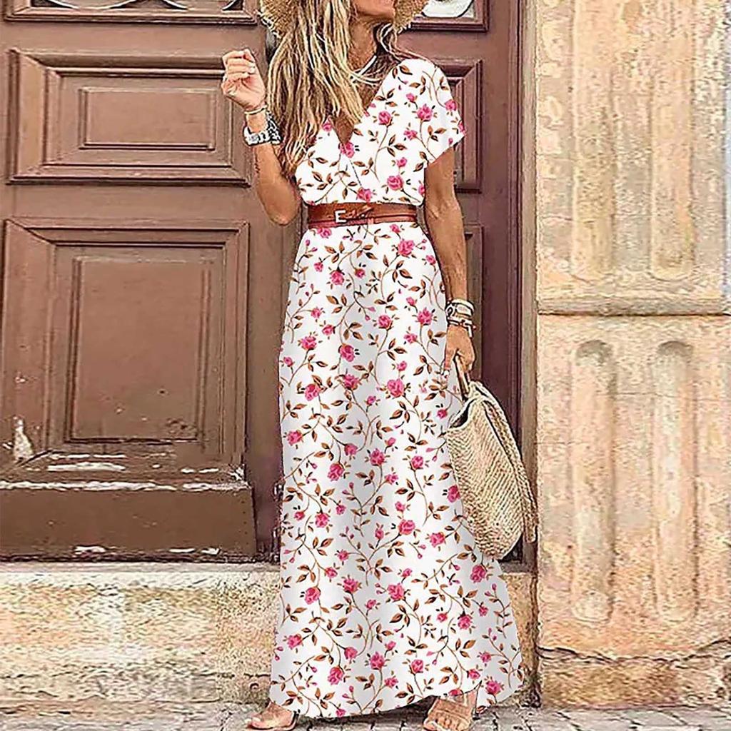 Women Short Sleeve Floral Maxi Long Dress Ladies Boho Party Evening Casual Dress