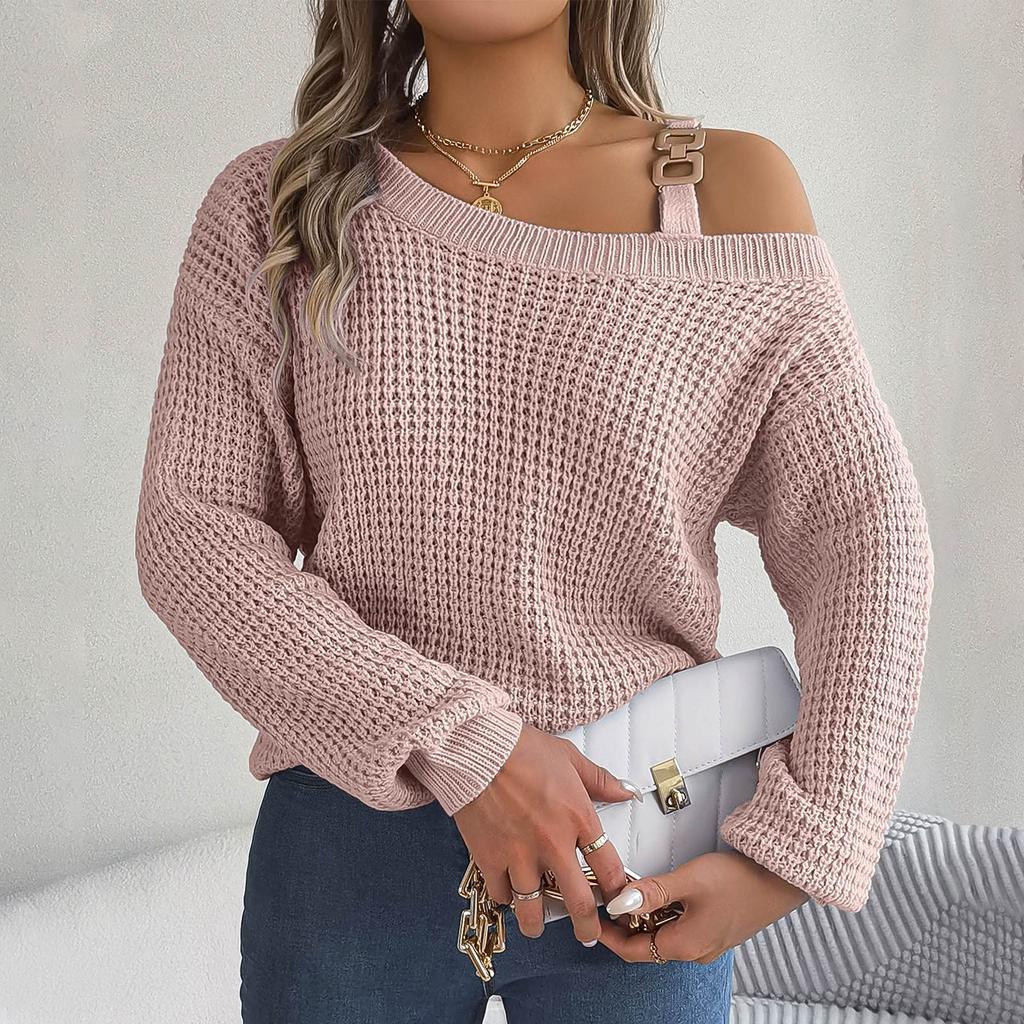 Women's Fashion Casual Loose Metal Buckle Spliced Off-Shoulder Sweater Solid Color Long Sleeve Sweater Pullover Top