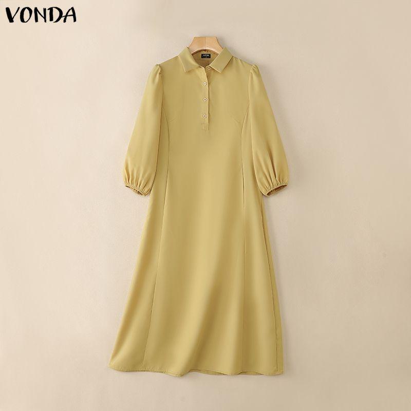 VONDA Elegant Women Lapel Neck Long Puff Sleeve Casual Office Dress