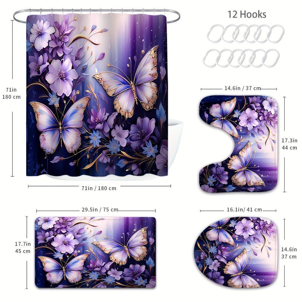 4 szt. Wodoodporny Fioletowy Motyl Kwiatowy Zestaw Zasłony Prysznicowej z Matą Antypoślizgową, Pokrowcem na Pokrywę Sedesu, Dywanikiem w Kształcie U