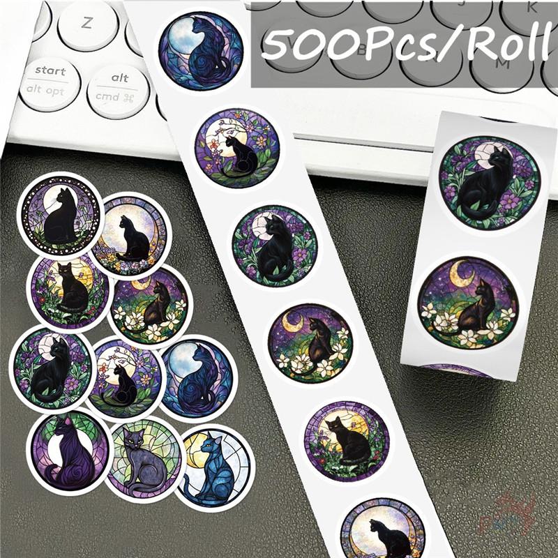 500Pcs/Roll Black Cats Under The Moonlight Kids Rewards Stickers - DIY Scrapbooks Album Decor Sealing Label Decals
