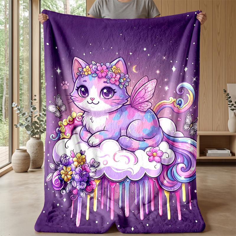 Fantasy Cat Flowers Sky Theme blanket Lightweight Warm Flannel Blanket Decorative Throw Blanket for Home Decoration