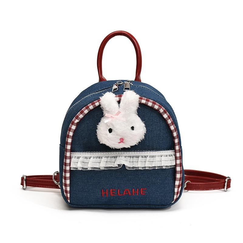 Sweet Denim Backpack Women's New Fashion Cute Rabbit Small Schoolbag Autumn Contrasting Color Backpack