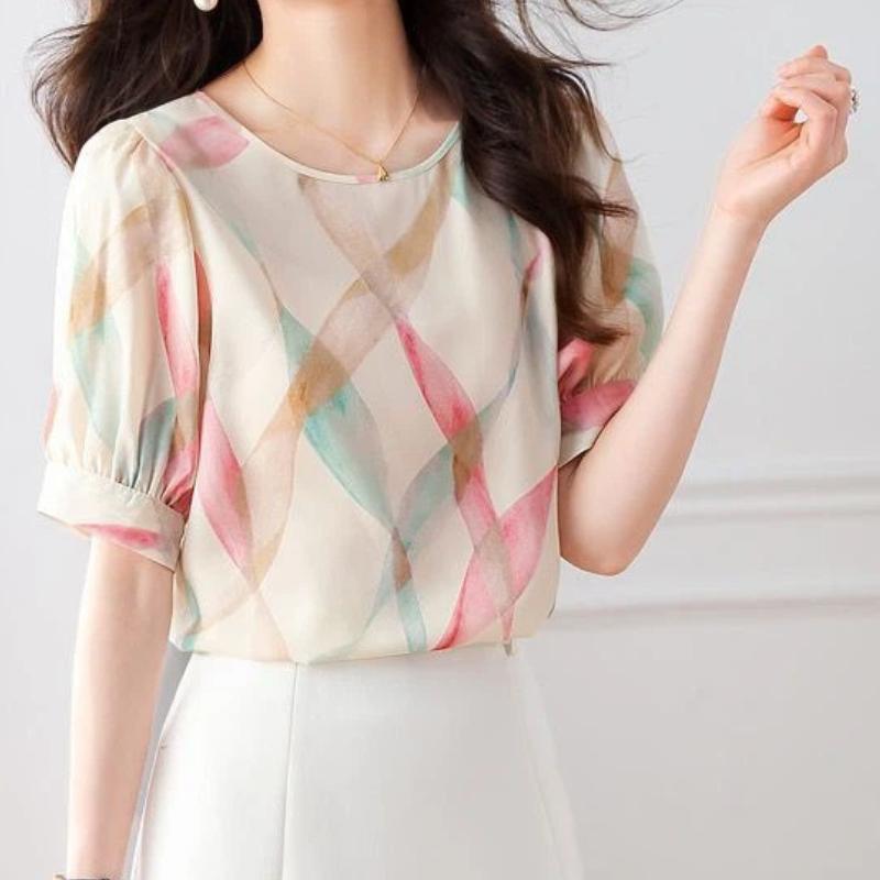 Летняя темпераментная круглая шея высококачественная шифоновая футболка женская с коротким рукавом модная базовая топ S