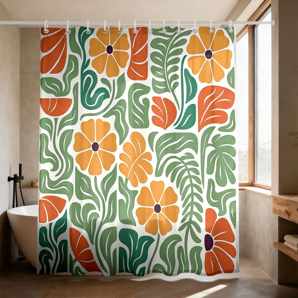 Boho Floral Geometric Shower Curtain 90GSM Waterproof Vintage Botanical Print Bathroom Decor with Hooks