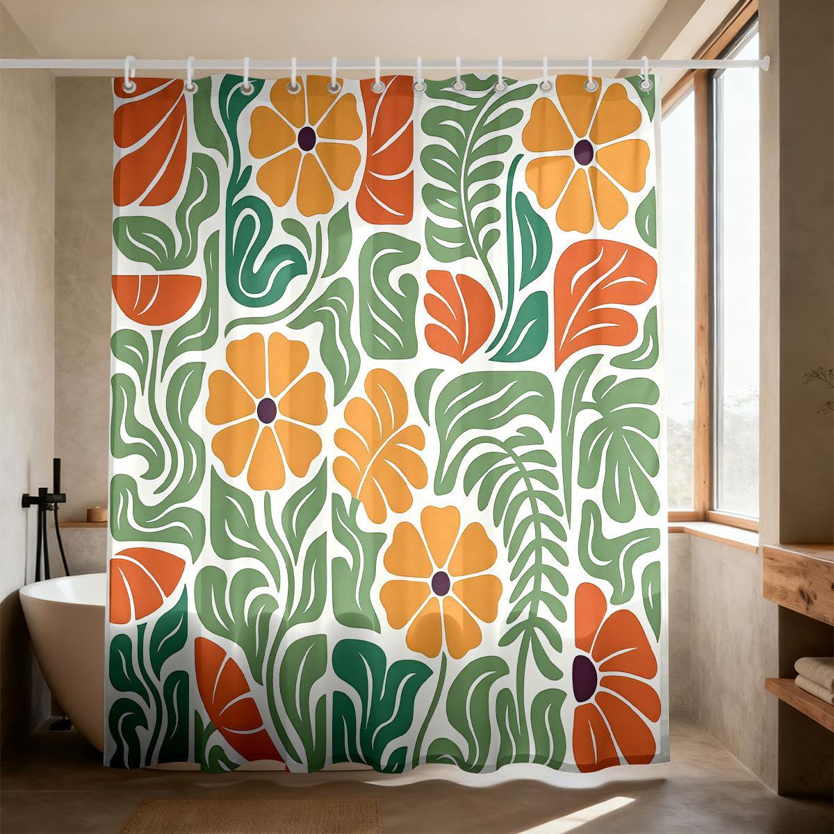 Boho Floral Geometric Shower Curtain 90GSM Waterproof Vintage Botanical Print Bathroom Decor with Hooks (as the picture,90x180cm)
