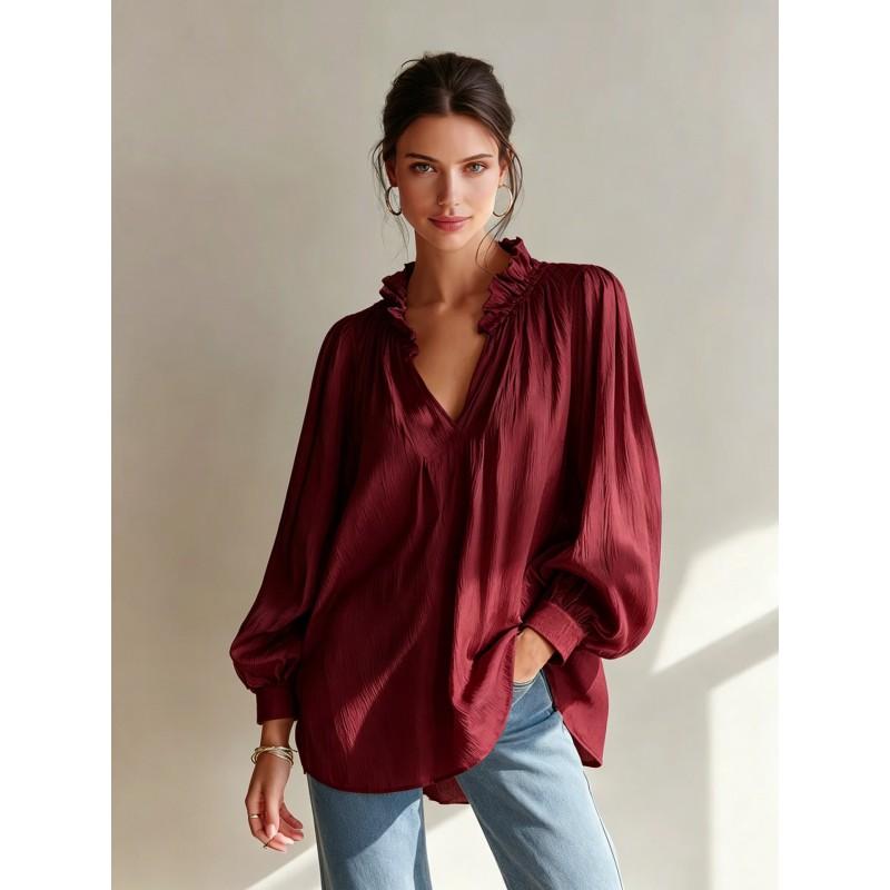 Womens Loose V-Neck Ruffled Puff Sleeve Shirt Top 2026 Fall Casual Oversized Blouse