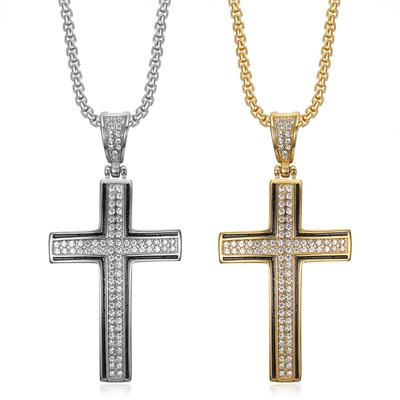 New Hip-Hop Jewelry Stainless Steel Gold-Plated Full Diamond Black Edge Cross Pendant Necklace