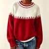 Womens Oversized Crewneck Knit Sweater With Colorblock Cable Jacquard Fall Winter Loose Fit