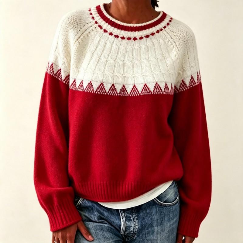Womens Oversized Crewneck Knit Sweater With Colorblock Cable Jacquard Fall Winter Loose Fit
