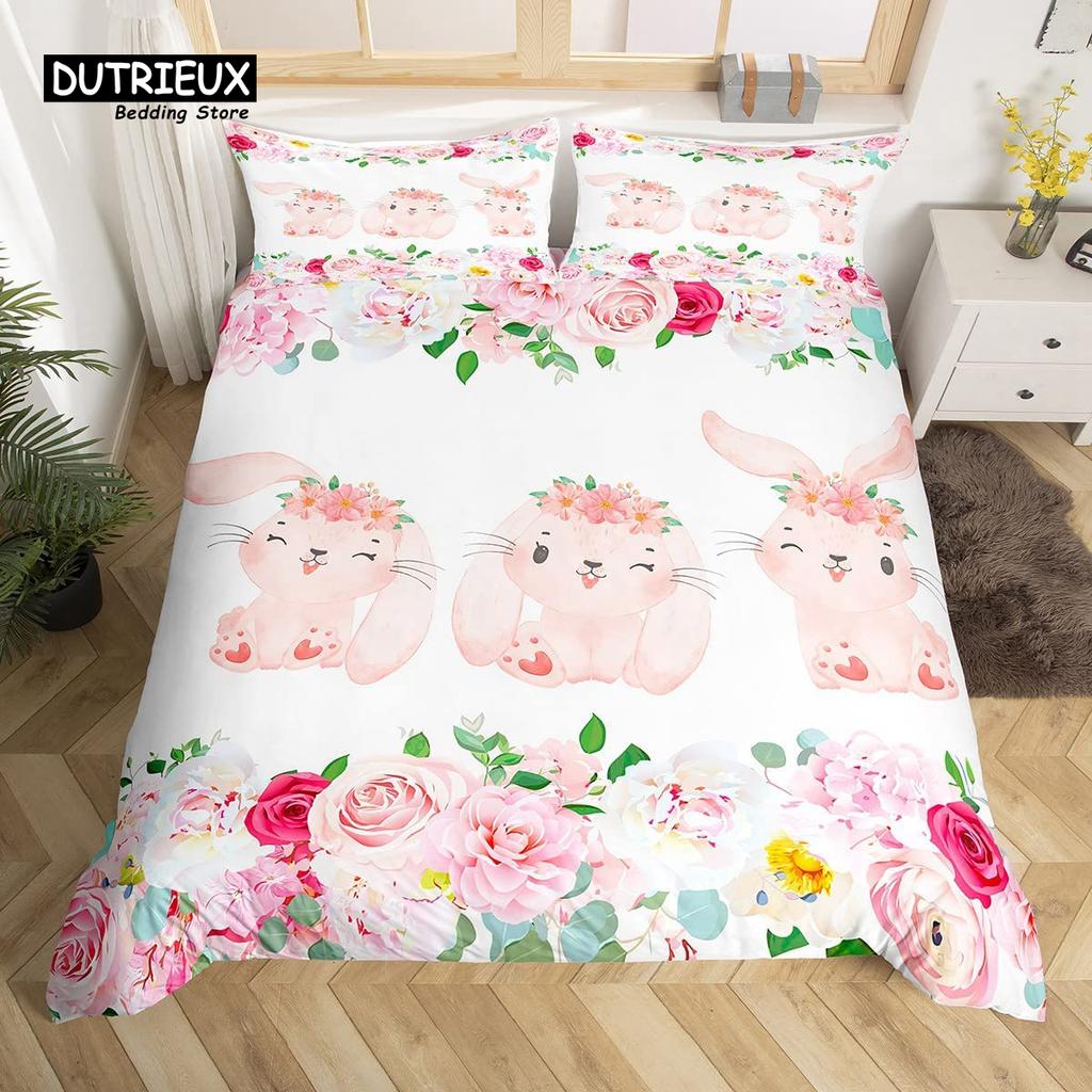 Cute Rabbit Duvet Cover Set Twin Queen Colorful Flower Bedding Set Microfiber Botanical Floral Cartoon Animal Comforter Cover