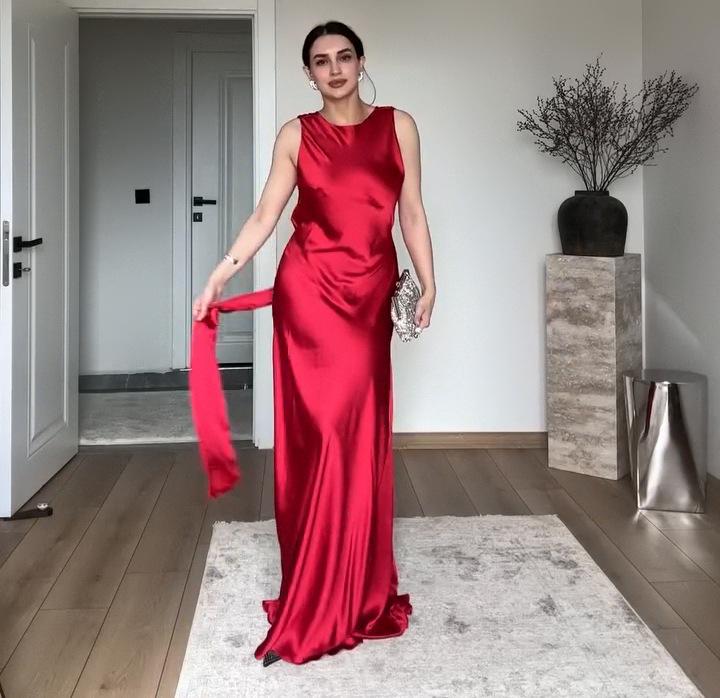 

2025 Лето Элегантное Платье Без Рукавов с Круглым Вырезом для Женщин M алый