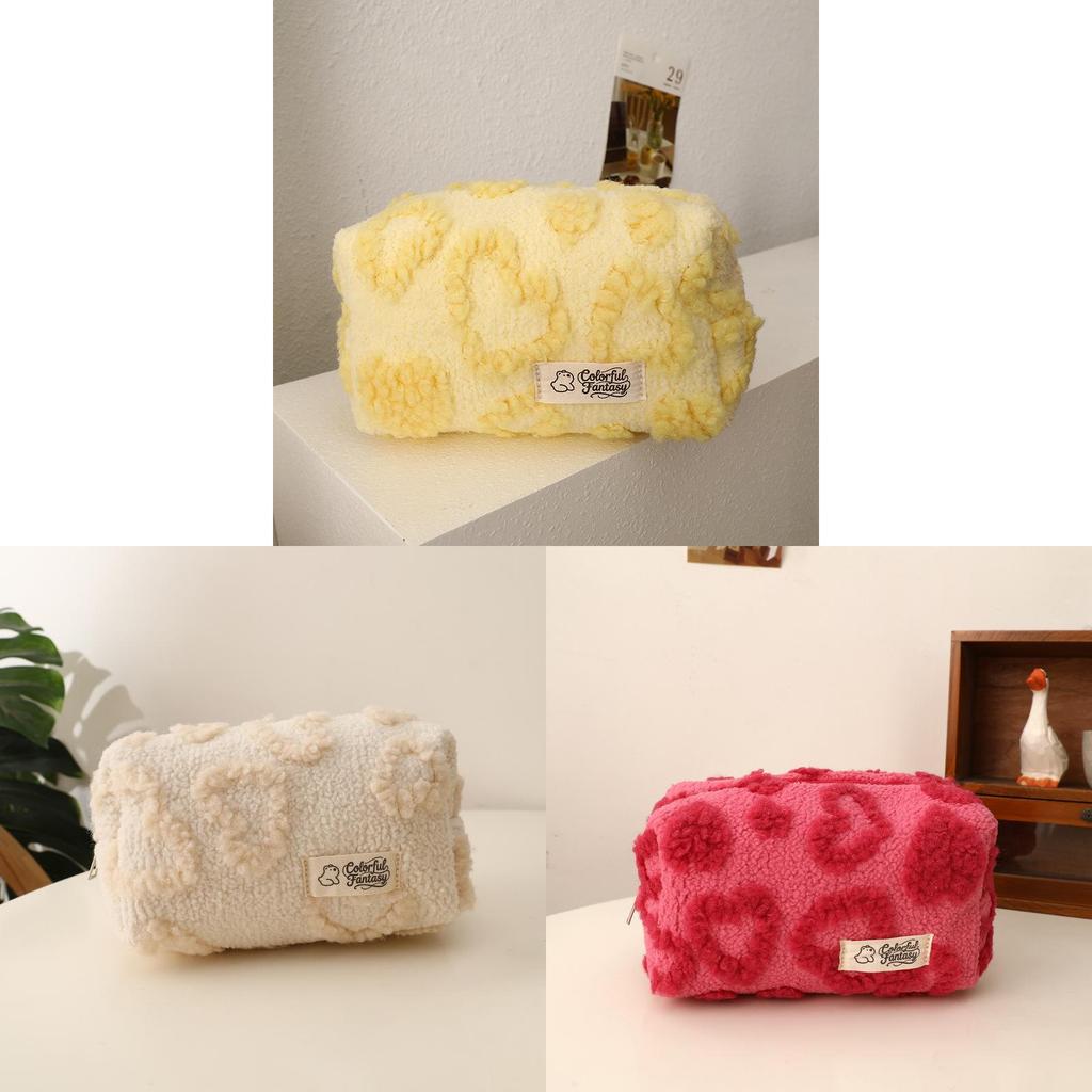 Plush Girl Heart Makeup Bag Portable Travel Storage Organizer With Hanging Loop For Students