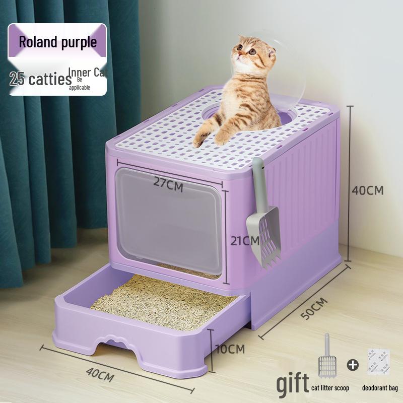 Enclosed Litter Box with Deodorizing, Anti-Splash Folding Drawer Design