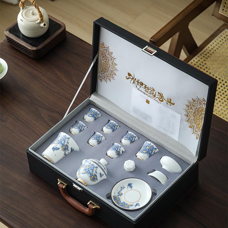 Ice Jade Mutton Fat Jade White Porcelain Tea Set with Enamel Painted Hydrangea and Sancai Gaiwan