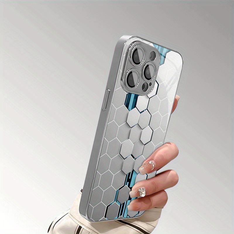 Silver Gradient Honeycomb Pattern Electroplated Phone Case For Samsung Galaxy S25 S24 S23 Ultra Plus FE Tempered Glass Cover