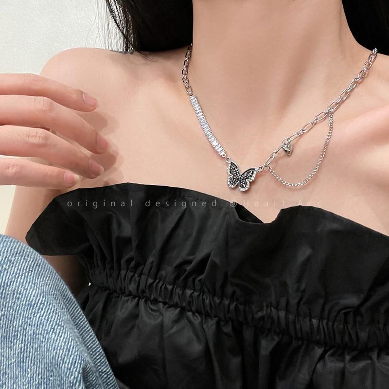 Luxury Black Zircon Love Butterfly Necklace For Women Sweet Crystal Chain Tassel Pendant Necklace Clavicle Choker Collar Jewelry