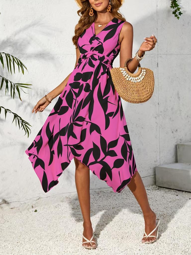 2026 new European and American women's clothing irregular kink dress spring and summer sleeveless printing waist fashion dress