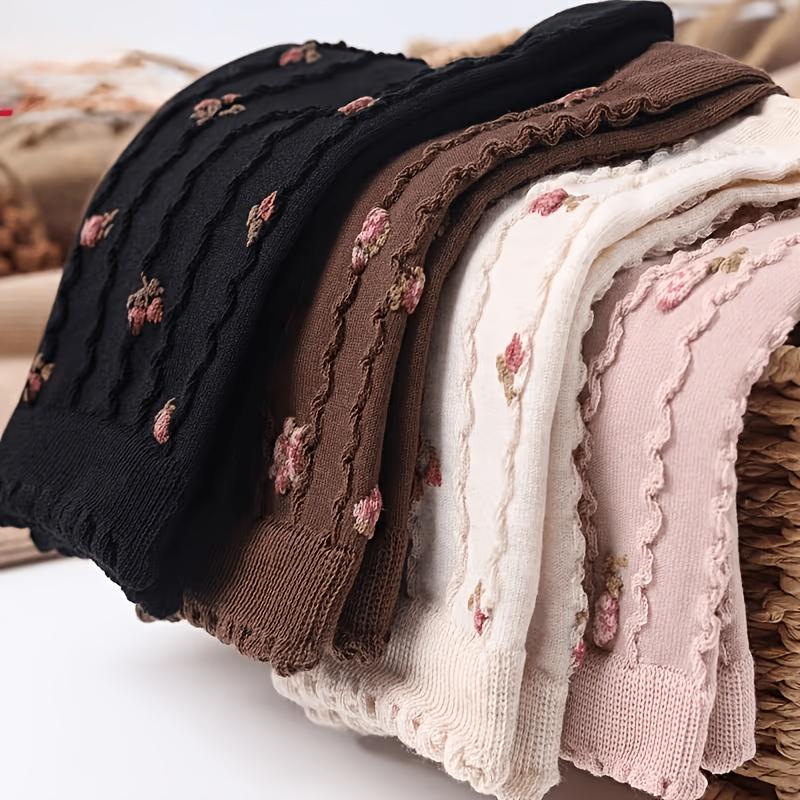 4 Pairs Japanese Style Women Cotton Socks Floral Knitted Mid Calf Crew Socks Ruffle Lace Trim Sweet Cozy Breathable Stockings