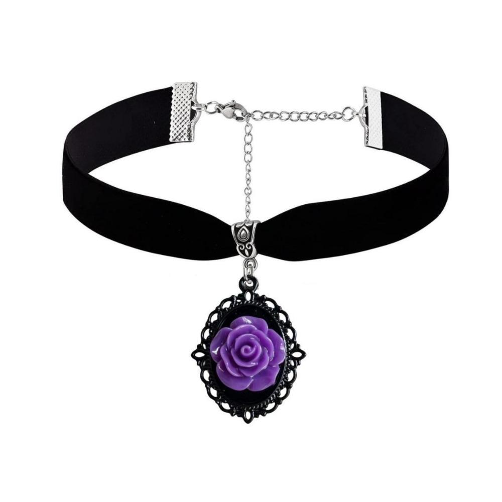 Gothic Temperament Oval Lacework Purple Rose Flower Resin Pendant Velvet Collar Necklace for Women Men Hallowmas Jewelry Gifts