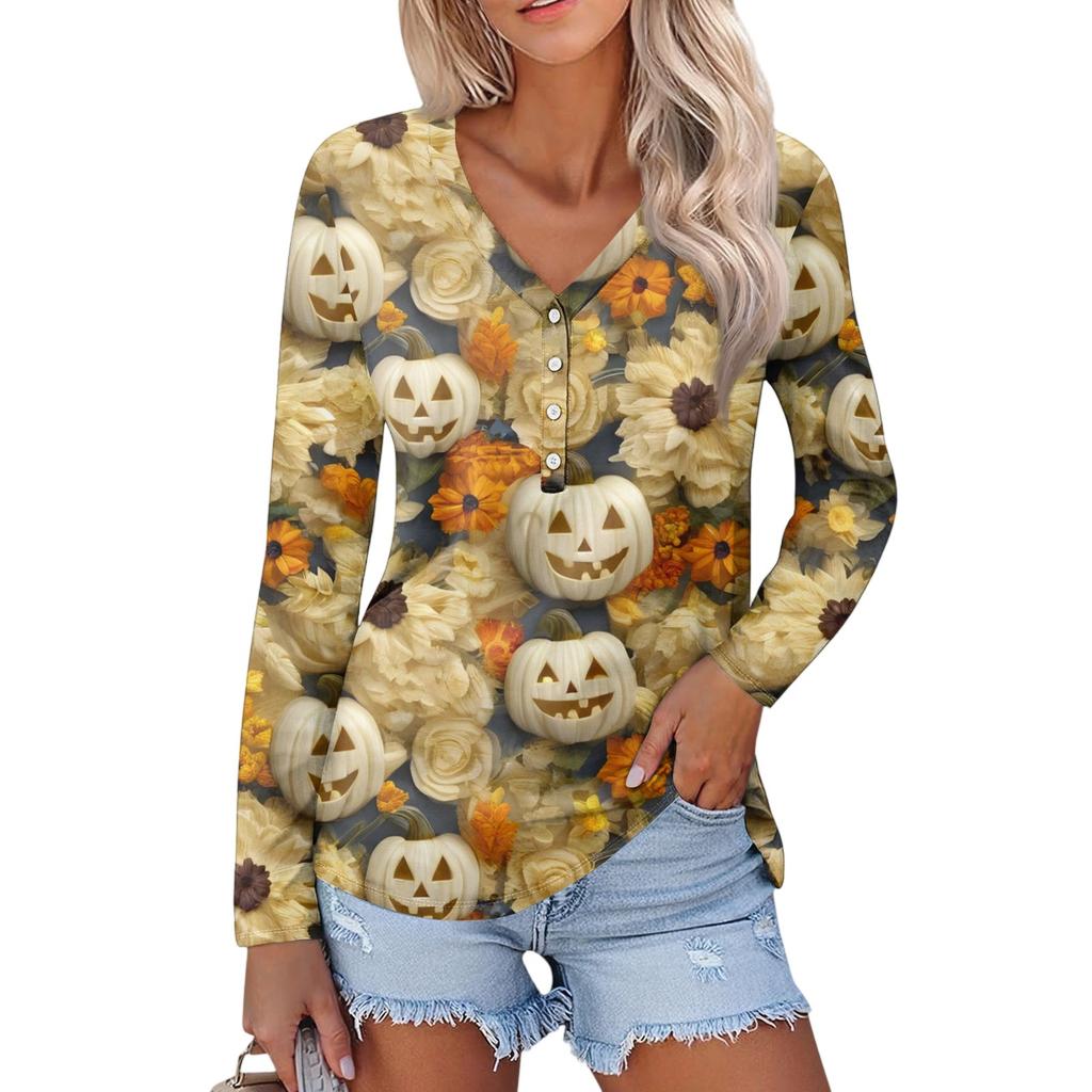 Women's Casual Fashion Sexy Comfort Halloween Printed V-Neck Button Long Sleeve