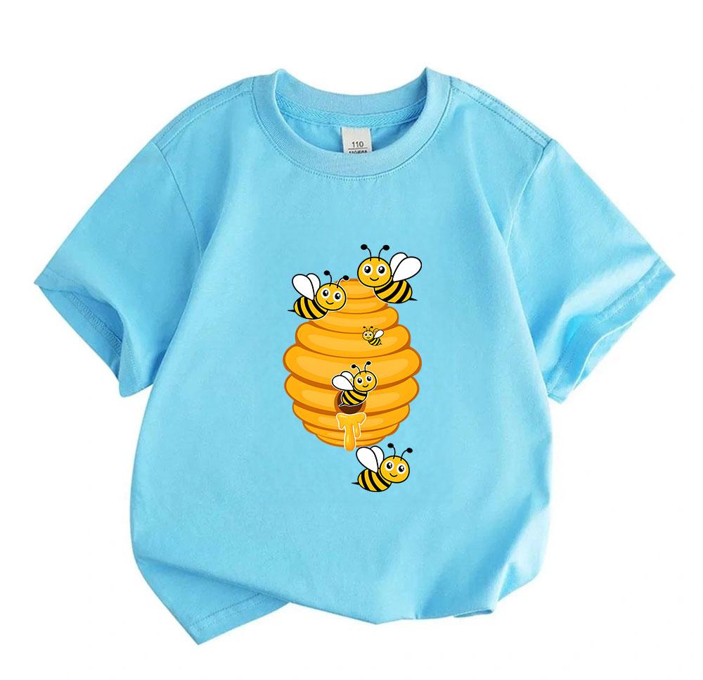 Kids Boys Girls Crew Neck Short Sleeve 100% Cotton T-Shirt, Cute Cartoon Bees Honeycomb Print Casual Soft Breathable Top For Daily Wear Summer Activit