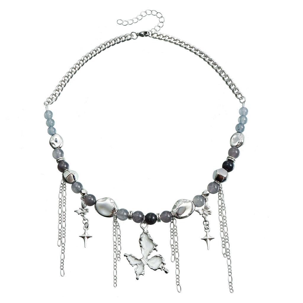 Accessories Oil Drop Butterfly Pendant Collarbone Chain Opal Splicing Beaded Quadruple Star Tassel Necklace Female