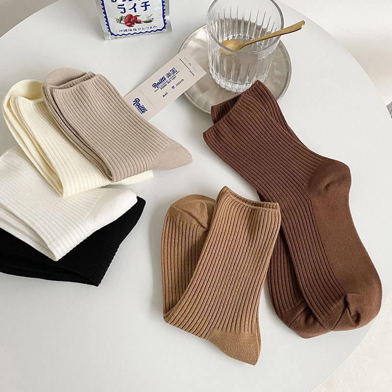 6 Pairs Of Solid Color Socks Women'S Medium Tube Stacking Socks Tide Japanese Milk White High Tube Tide Versatile Stockings
