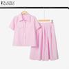 ZANZEA Women Short Sleeve Blouse and Skirts Summer Stripe Two Piece Suit Sets