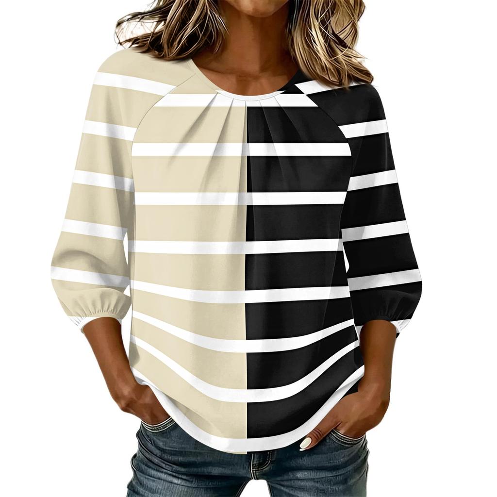 Women Geometric Print 3/4 Sleeve Round Neck Pleated Casual Loose Fit T-Shirt Top for Daily Wear