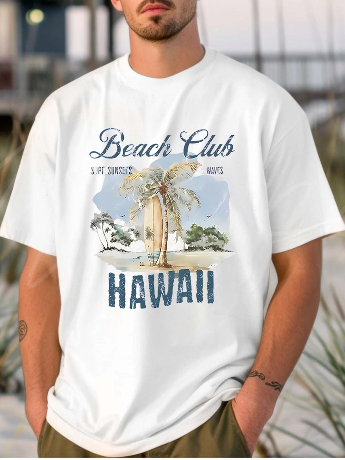 Hawaii Beach Club Vintage Surf Graphic Tee - Tropical Palm Tree Paradise T-Shirt S