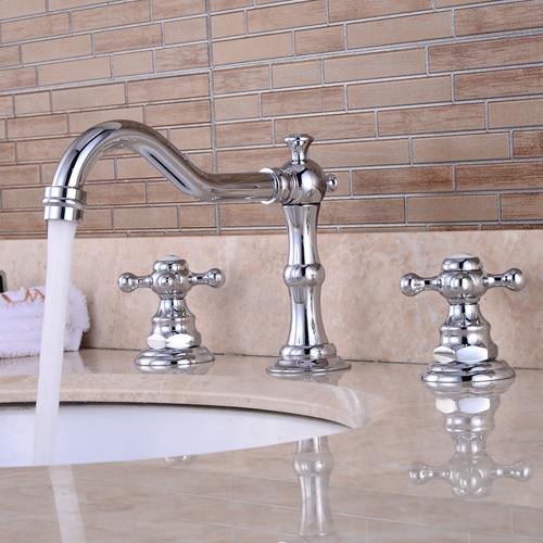 

Widespread Bathroom Sink Faucet 3 Hole Deck Mounted Dual Handle Hot Cold Water Mixer Tap Brush Nickel Chrome Finished EL8001-1