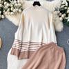 Toamnă Iarnă Femei Grătul cu mâneci lungi Pulover tricotat în dungi Topuri + Pantaloni largi Costume Set două piese Tinute femei