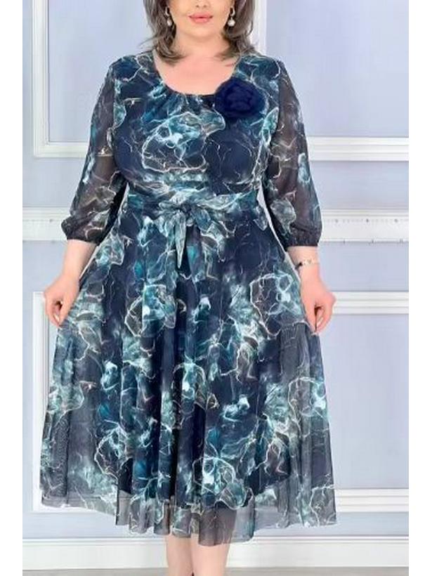 

2024 Европейское и американское женское платье миди больших размеров с принтом 5XL синий