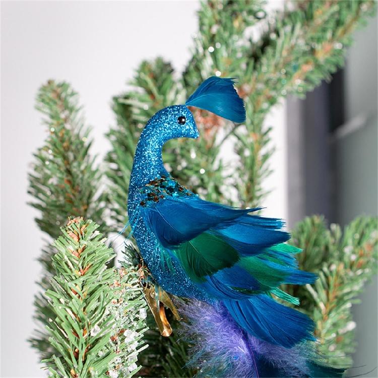 2Pcs Artificial Natural Feathered Peacocks with Long Tail Designs Christmas Tree Clip on Ornaments for Home Party Decor