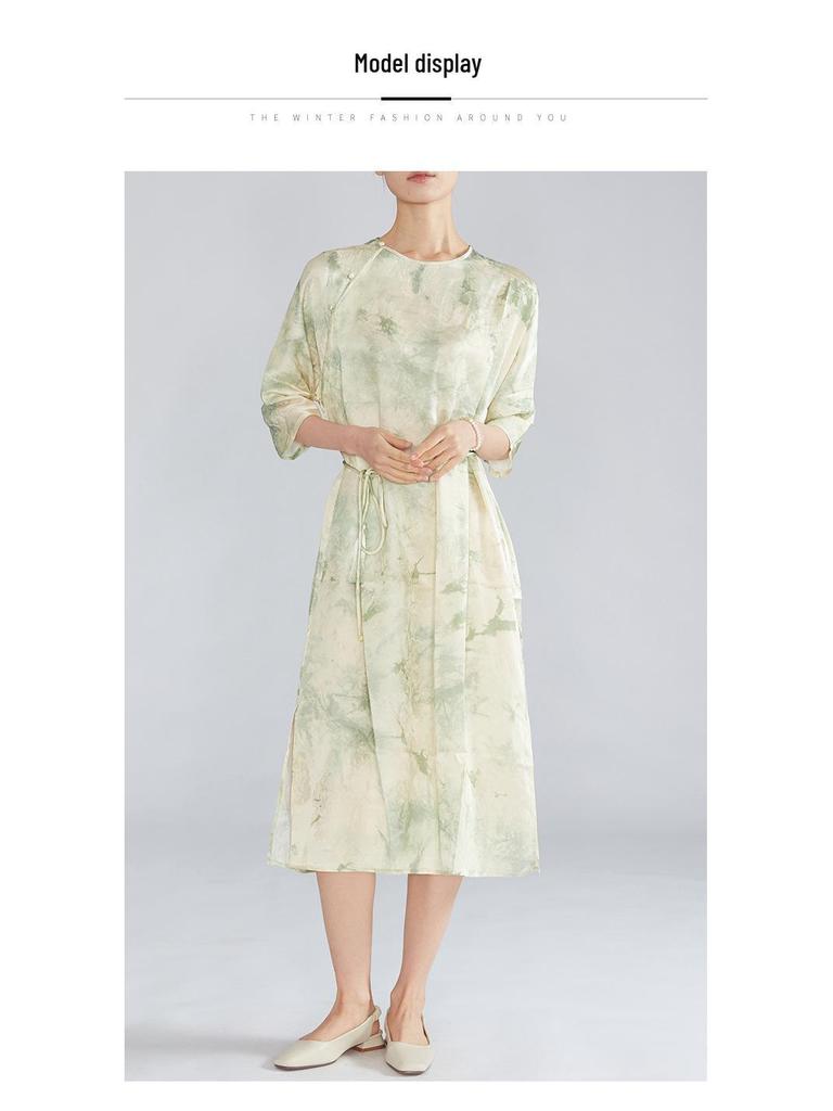 Handmade Tie-Dye Mulberry Silk Jacquard Dress - Chinese Style, Round Neck, Slanted Placket, Seven-Sleeve Midi