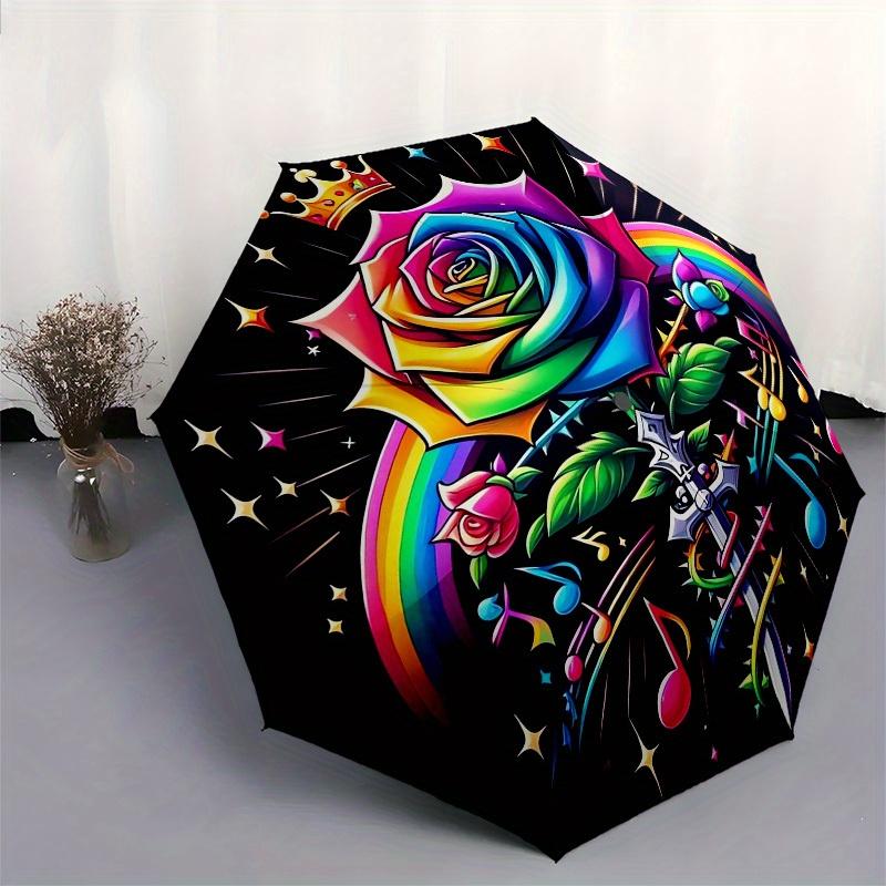 1pc Rainbow Rose with Crown and Music Notes Umbrella with Plastic Handle,Suitable for All Seasons Home Travel Outdoor UmbrellaB1909